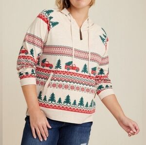 Maurices Cream Christmas Hoodie Hooded Sweatshirt Fairisle Women's 1X Red Truck
